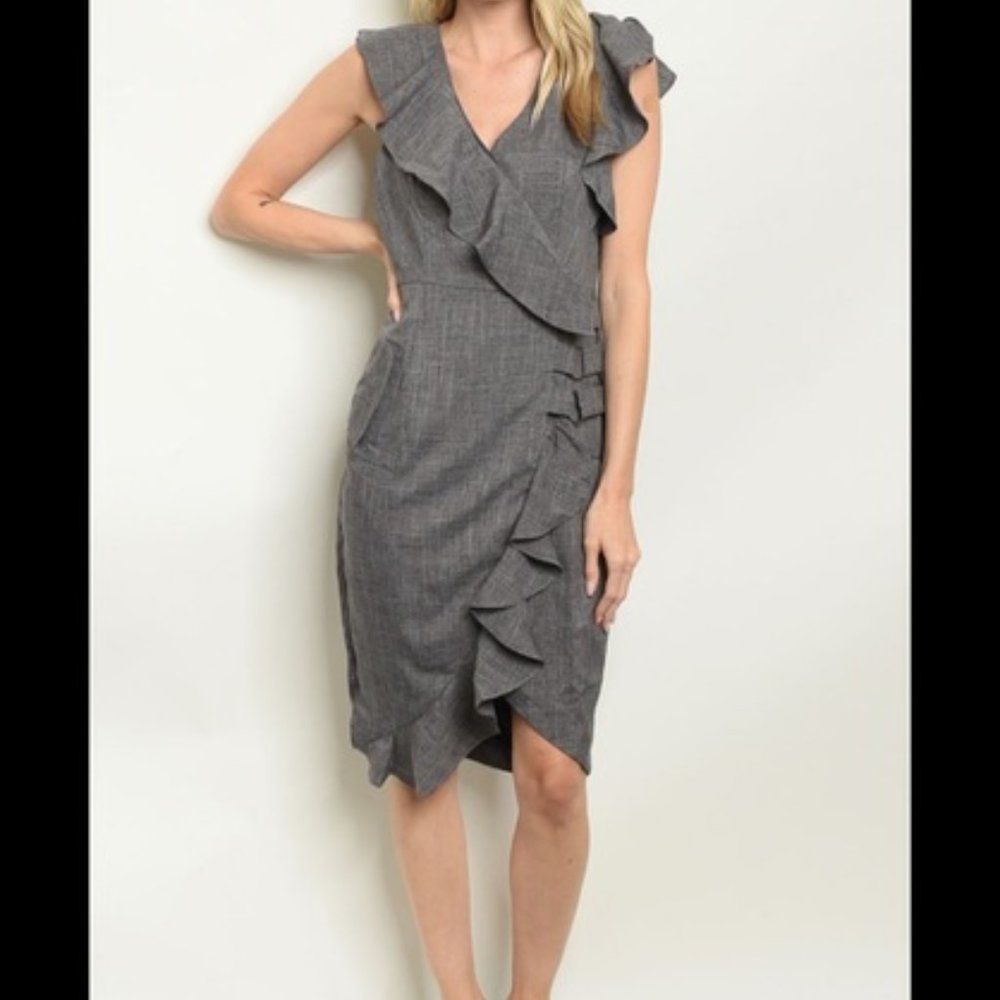 Womens charcoal gray ruffled neck dress size S